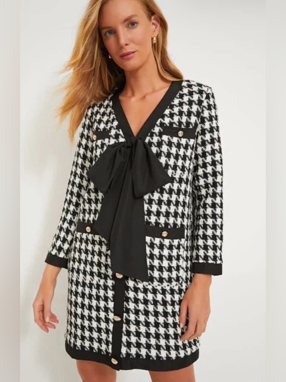 Pomander Place Houndstooth Coco Tweed Bow Dress -Size Large